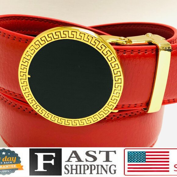 Red Belt Slide Belt Round G Gold Buckle Not Holes Slide Belt Fashion Street Wear - Picture 1 of 3